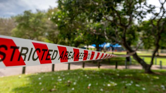 Police tape cordons off a crime scene at the Jingili Water Gardens after a woman was brutally stabbed to death in the area yesterday. Picture: Che Chorley