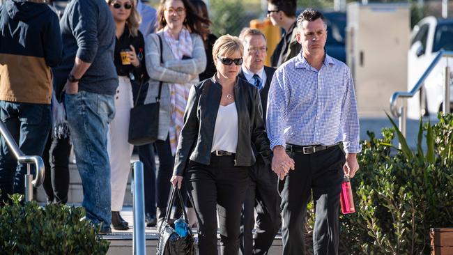 Jennie Ross-King, mum of Alexandra Ross-King walking with her partner outside Lidcombe Coroners Court for an inquest into the suspected drug overdoses of young people at NSW music festivals continues. Picture: Monique Harmer