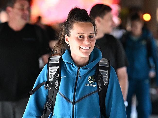 1/08/2023: The Matildas, including  Hayley Raso arrive back into Brisbane airport after their big win the night before in Melbourne . pic Lyndon Mechielsen/Courier Mail