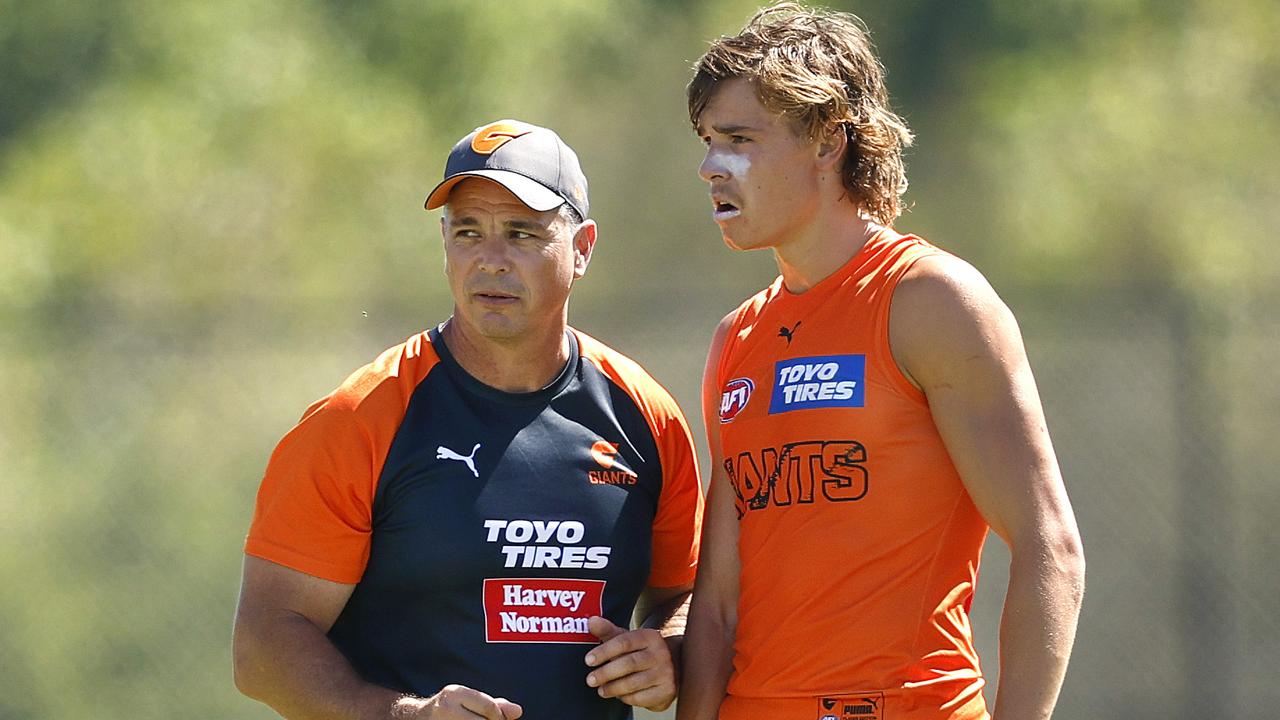 Coach Adam Kingsley with No.1 draft pick Aaron Cadman. Picture: Phil Hillyard