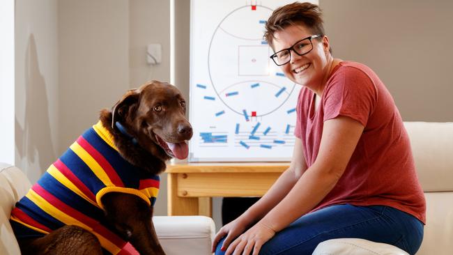 Adelaide women’s coach Bec Goddard with her dog Howard. Picture: Matt Turner