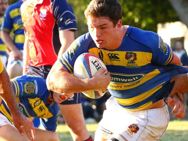 Premier Rugby: Easts v Wests at Bottomley Park. Michael Gunn runs the ball up for Easts. Picture: Peter Cronin