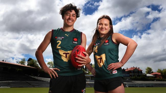 Jack Callinan 16 and Georgia Clark 16 both of Hobart have been identified as two of Tasmania's brightest young footballers and chosen in the AFL and AFLW Academy for 2023. One day they may play AFL and AFLW for Tasmania Picture: Nikki Davis-Jones