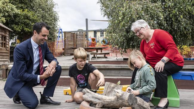 Shadow Education Minister Josh Willie and Chief Executive of Adventure Patch childcare Lynne Moran and Blake Godcombe, 9, and Lucas Jenkinson, 7, on Labor's plan to extend outside school hours care to help Tasmanian families back into work in the wake of the COVID pandemic. Picture: Eddie Safarik