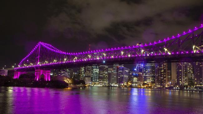 The Brisbane Story bridge lit up in honour of Hannah Clarke and her three children Aaliyah, 6, Laianah, 4, and Trey, 3, on Sunday February 23, 2020. Picture: AAP.