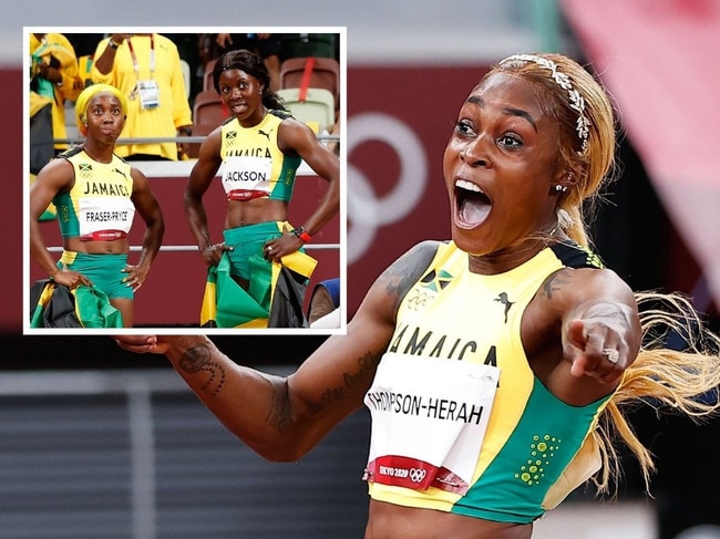 Jamaica's Elaine Thompson-Herah received at an at-times cold reception from teammates (inset) Shelly-Ann Fraser-Pryce (L) and Shericka Jackson (R).