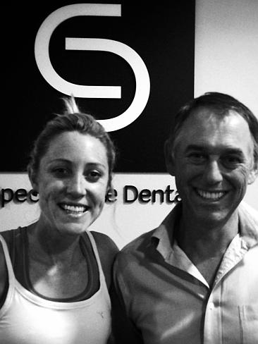 Rachel with her dentist Dr Chris Hodge after her injury. Picture: Supplied.