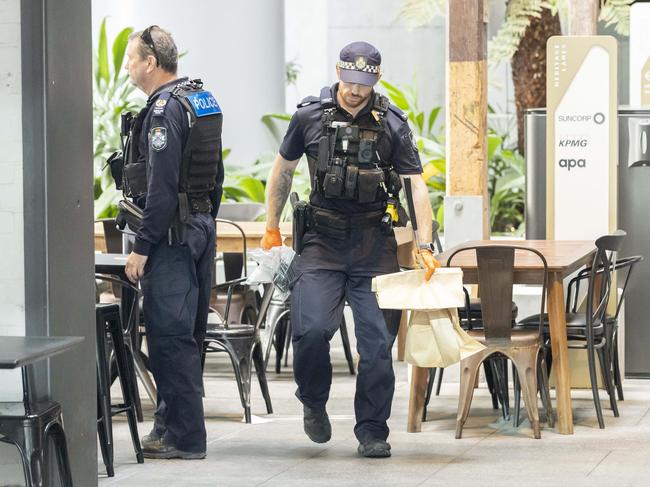 Queensland Police investigate alleged stabbing at Juice Box/Mr Bao dining area on Turbot Street, Brisbane, Saturday, July 6, 2024 - Picture: Richard Walker