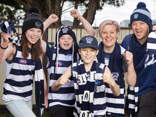 Geelong fans celebrating yesterday's win and into a Preliminary Final. Emma Vassiliou and her brother Matt Cole and their kids are made Geelong fan. L-R Danika Cole, 13, Will Cole, 14, Harry Vassiliou,12, Emma and Matt.Picture: Sarah Matray