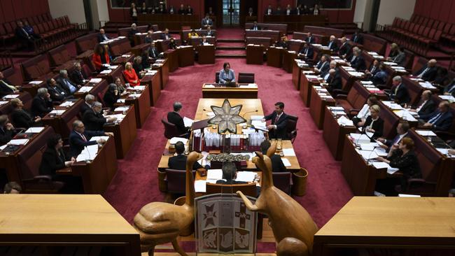 <span id="U712739094106IqD" style="letter-spacing:-0.007em;">Coat of arms: the emu and kangaroo look down on the Senate chamber. Picture: AAP</span>