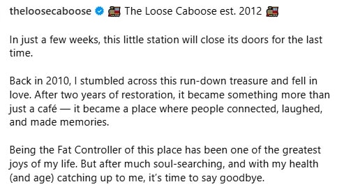The Loose Caboose announces closure on social media. Picture: Instagram @theloosecaboose