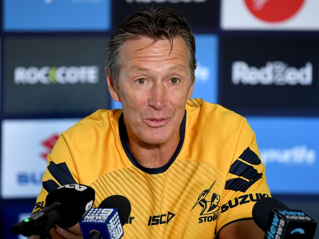 SUNSHINE COAST, AUSTRALIA - OCTOBER 15: Coach Craig Bellamy speaks during a press conference after a Melbourne Storm NRL training session at Sunshine Coast Stadium on October 15, 2020 in Sunshine Coast, Australia. (Photo by Bradley Kanaris/Getty Images)