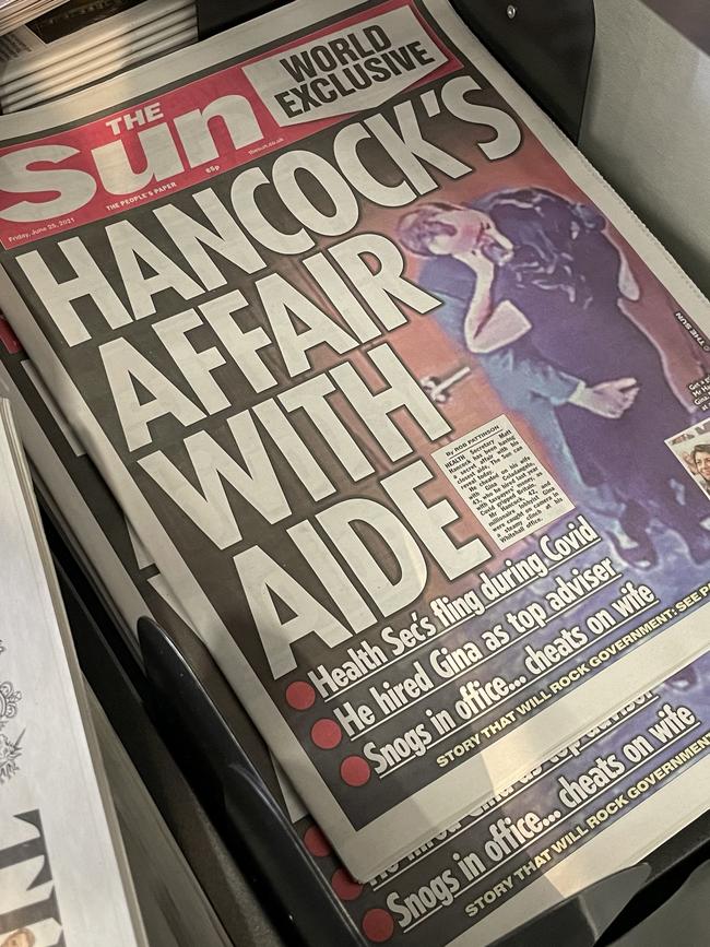 The front page of UK tabloid The Sun after the news of Matt Hancock’s affair broke. Picture: Getty Images