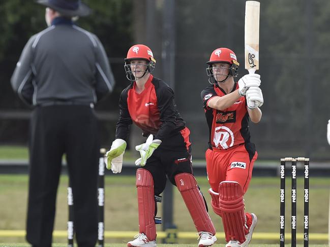 Sam Harper watches on as Jake Fraser-McGurk launches one down the ground. Pictures: Alan Barber