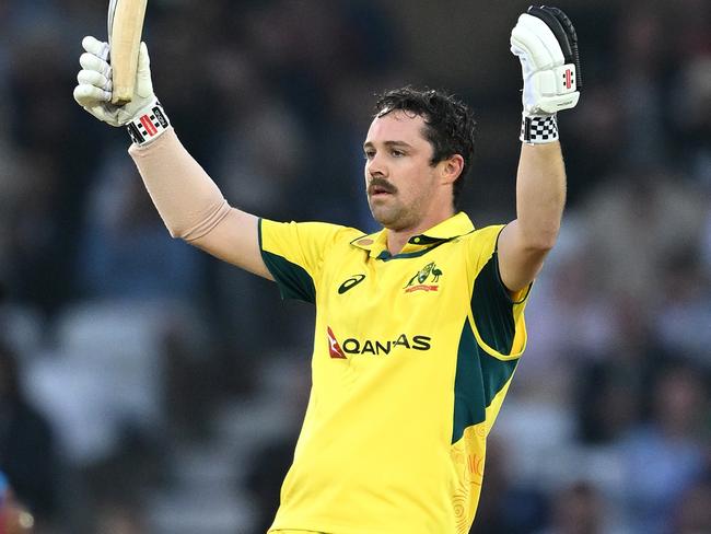 NOTTINGHAM, ENGLAND - SEPTEMBER 19:  Travis Head of Australia celebrates reaching his 100 during the 1st Metro Bank ODI between England and Australia at Trent Bridge on September 19, 2024 in Nottingham, England. (Photo by Shaun Botterill/Getty Images)