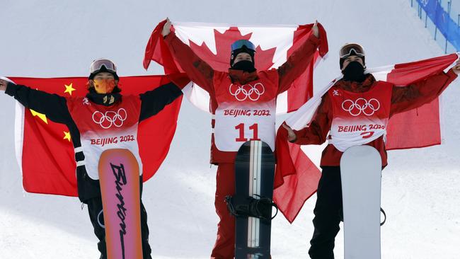 Yiming Su of Team China wins the silver medal, Max Parrot of Team Canada wins the gold medal, Mark McMorris of Team Canada wins the bronze medal.