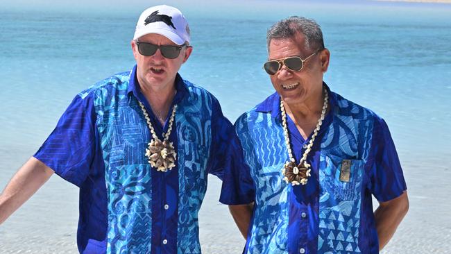 Anthony Albanese and Tuvalu’s Prime Minister Kausea during last year’s Pacific Islands Forum at Aitutaki, in the Cook Islands. Picture: AAP / Mick Tsikas