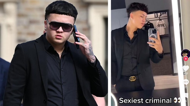 Gawler barber Putu Gino Pacino outside court, left, and from social media, right.