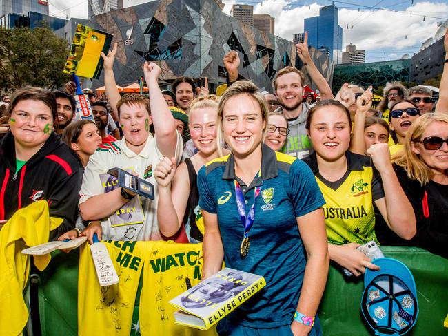 Ellyse Perry meets fans in Melbourne’s Federation Square following Australia’s T20 World Cup win in March. Picture: Tim Carrafa