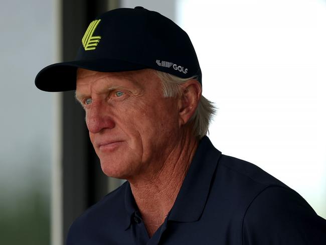 STERLING, VIRGINIA - MAY 27: LIV Golf CEO Greg Norman watches from a suite on the 18th green during day two of the LIV Golf Invitational - DC at Trump National Golf Club on May 27, 2023 in Sterling, Virginia. (Photo by Rob Carr/Getty Images)