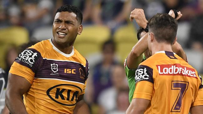 TOWNSVILLE, AUSTRALIA – MARCH 13: Tevita Pangai Jr. of the Broncos is placed on report during the round 1 NRL match between the North Queensland Cowboys and the Brisbane Broncos at Queensland Country Bank Stadium on March 13, 2020 in Townsville, Australia. (Photo by Ian Hitchcock/Getty Images)