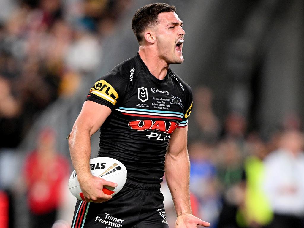 Nathan Cleary’s performance in the Panthers’ comeback win in the NRL grand final inspired Nathan Lyon. Picture: Bradley Kanaris/Getty Images