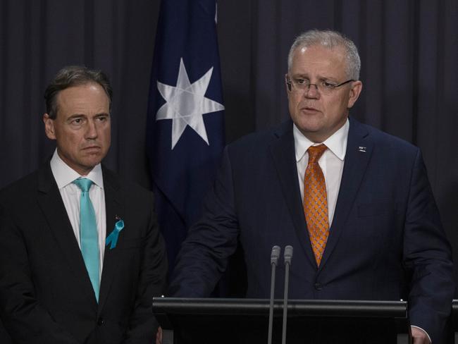 Prime Minister Scott Morrison with Health Minister Greg Hunt, Josh Frydenberg and Professor Brendan Murphy Ð Australian Chief Medical Officer on an Update on novel coronavirus, at Parliament House in Canberra. Picture Gary Ramage