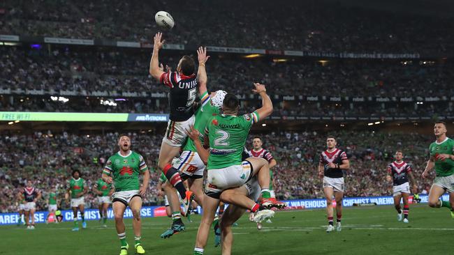 Roosters’ Brett Morris takes a bomb during the 2019 NRL grand final between the Sydney Roosters and Canberra Raiders at ANZ Stadium, Sydney. Picture: Brett Costello