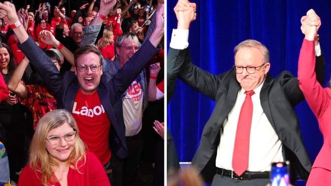 Wild scenes greeted Anthony Albanese as he claimed victory in front of Labor supporters on Saturday night. Picture: NewsWire