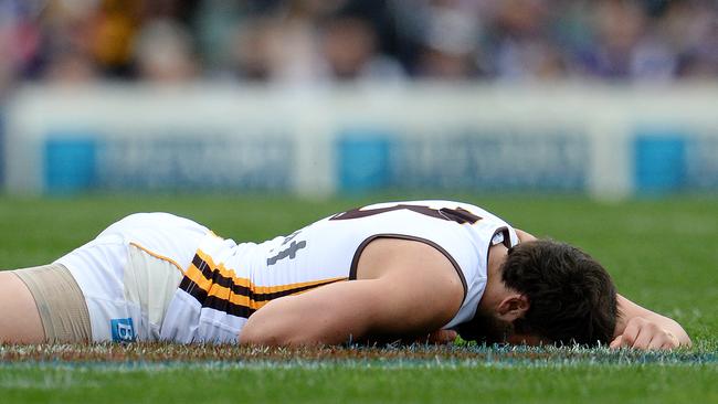 Hawk Jordan Lewis spent time off the ground after Nat Fyfe strike. Picture: Daniel Wilkins