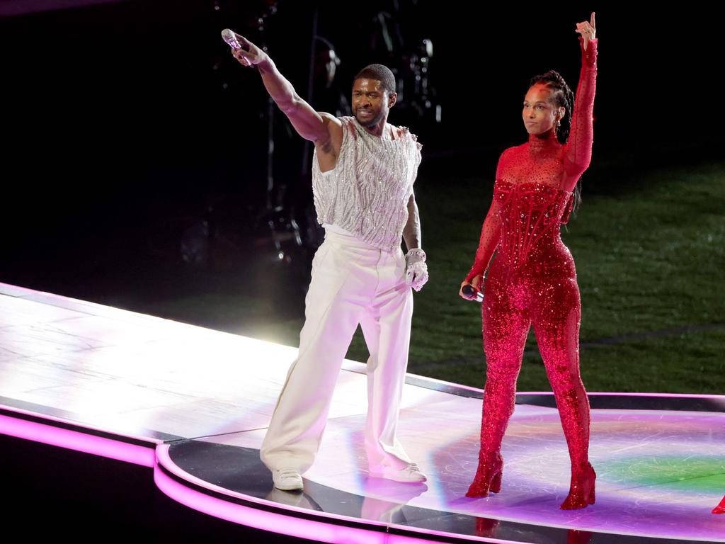 Usher and Alicia Keys perform onstage during the Super Bowl. Picture: AFP