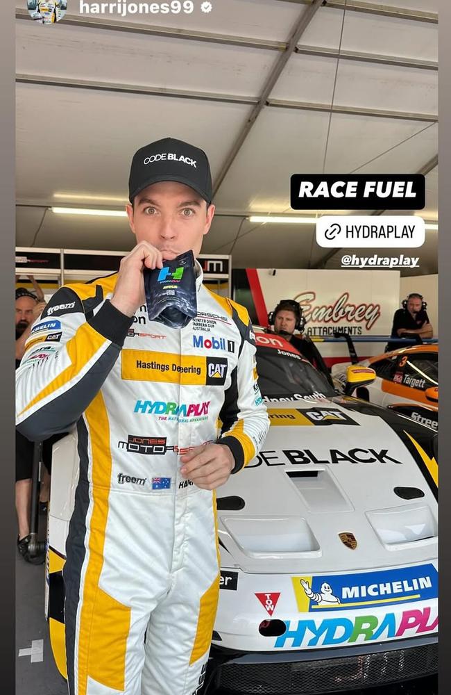 Australian champion racing driver Harri Jones is sponsored by HydraPlay, a Tassie hydration drink powered by Pure Mist water. Photo: Instagram