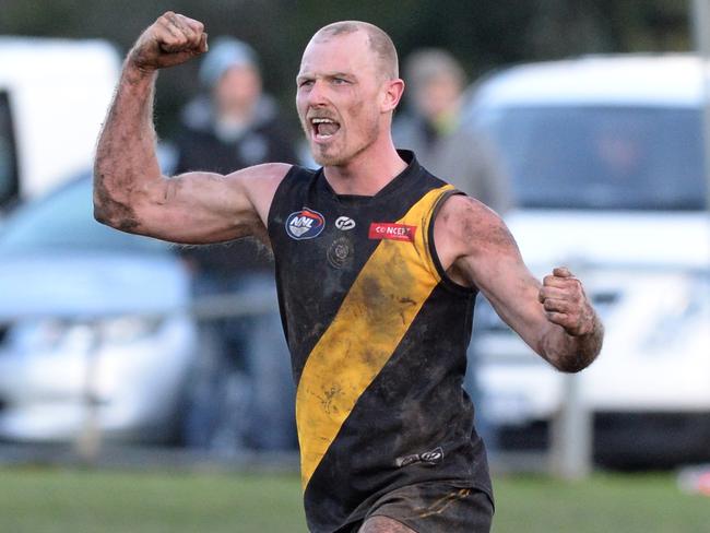 NFL Division 1 Football: Heidelberg v Greensborough at Warringal Park, Heidelberg. Chaz Sargeant kicks the winning goal in the dying minutes after a free kick was given close to the Heidelberg goal. Picture: AAP/ Chris Eastman