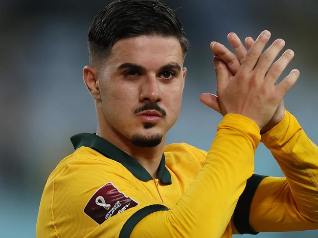 SYDNEY, AUSTRALIA - MARCH 24: Marco Tilio of the Socceroos waves after the FIFA World Cup Qatar 2022 AFC Asian Qualifying match between the Australia Socceroos and Japan at Accor Stadium on March 24, 2022 in Sydney, Australia. (Photo by Cameron Spencer/Getty Images)