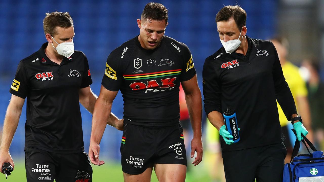 Scott Sorensen of the Panthers is tackled during the NRL Round 12 match  between the Brisbane Broncos and the Penrith Panthers at Suncorp Stadium in  Brisbane, Thursday, May 18, 2023. (AAP Image/Jono