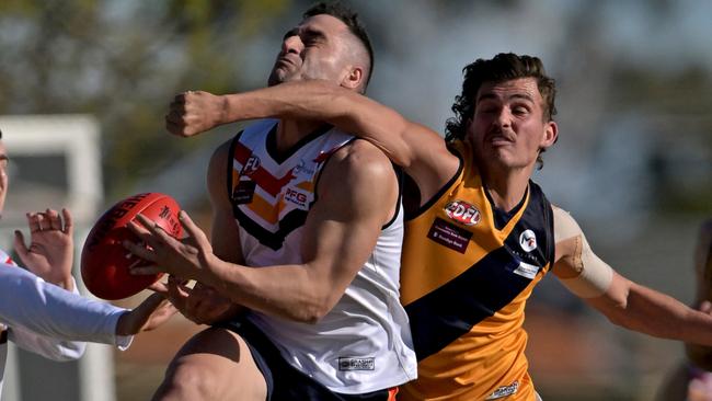 East KeilorÃs George Nabbout and StrathmoreÃs Benjamin Holian during the EDFL East Keilor v Strathmore football match in Keilor East, Saturday, July 29, 2023. Picture: Andy Brownbill