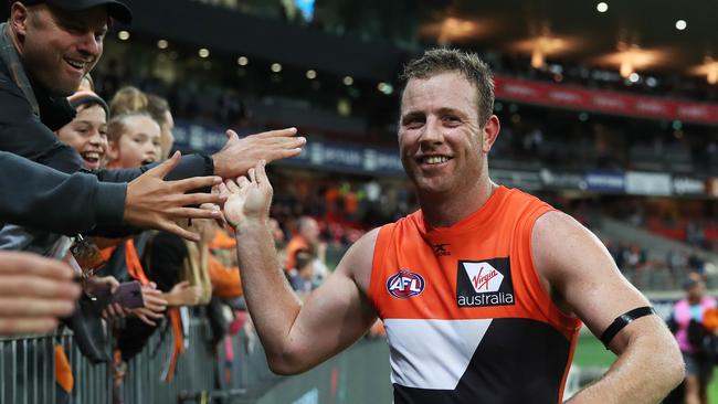 Steve Johnson celebrates with the crowd after the win. Picture: Phil Hillyard