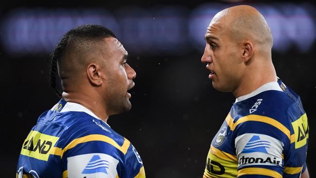 Eels teammates Junior Paulo and Blake Ferguson. Picture: Nathan Hopkins/NRL Photos