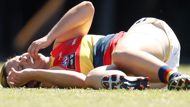 Courtney Cramey after getting a knock. Picture: Getty Images