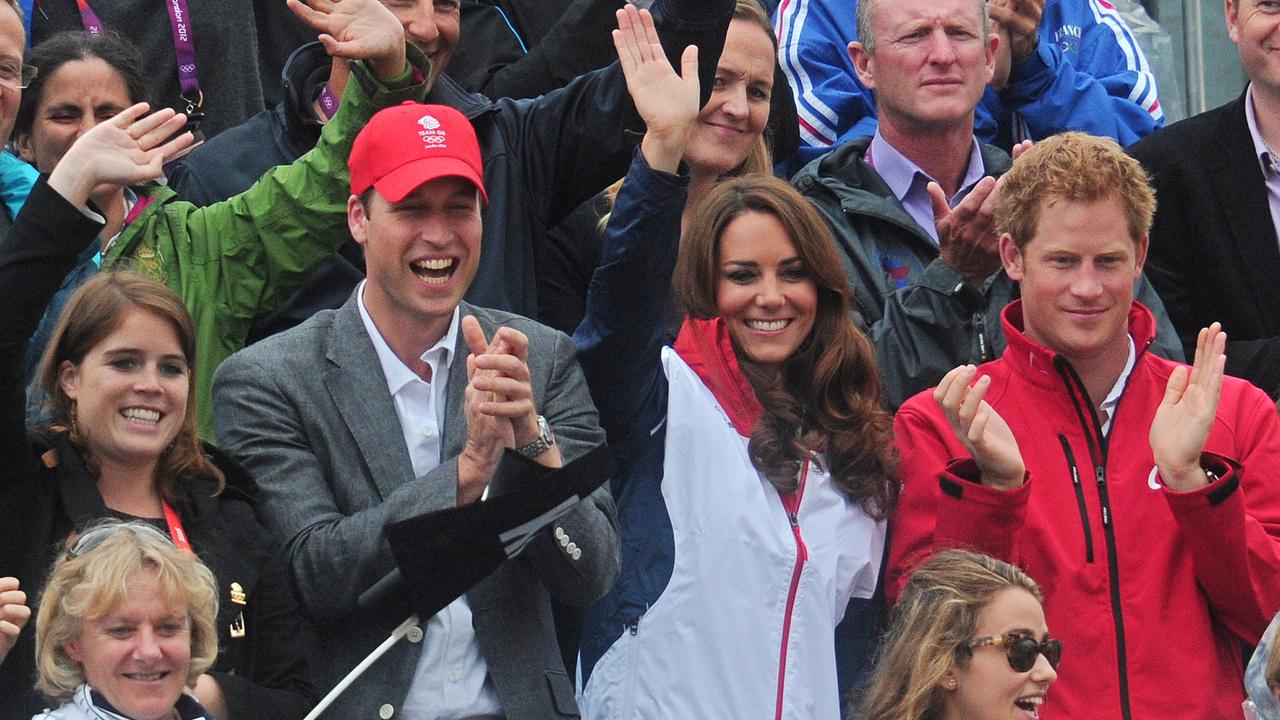 Princess Eugenie, Prince William, Princess Catherine and Prince Harry in happier times, cheer on cousin Zara Phillips during the 2012 London Olympics. Picture: AFP