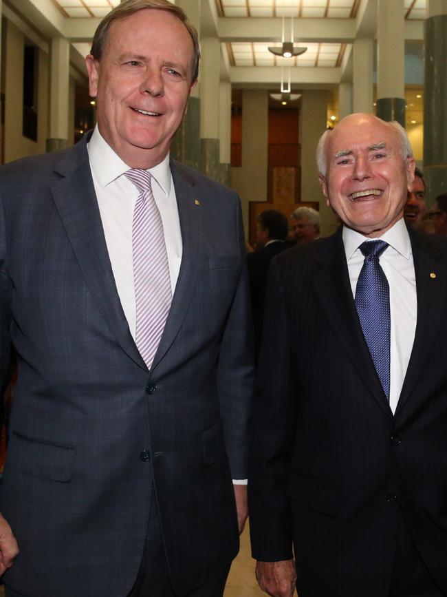 Peter Costello and John Howard at Parliament House, Canberra, in 2016. Picture: Ray Strange