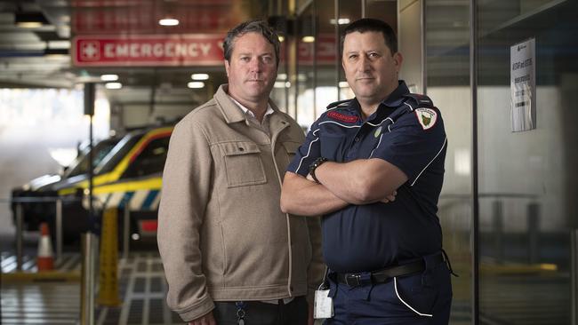 HACSU Industrial Manager Robbie Moore and Paramedic Cam Johnson at the Royal Hobart Hospital. Picture: Chris Kidd