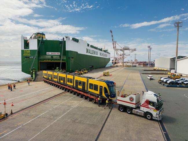 The first of the five new trams built for the expanded G:link network arrives at the Port of Brisbane.