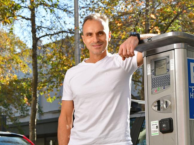 Councillor Eddy Kontelj next to a parking meter in Little Malop Street. Picture: Stephen Harman