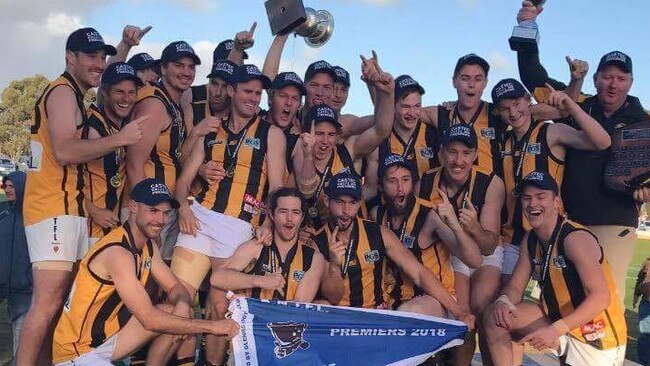 Mundulla claimed celebrates winning the 2018 Kowree-Naracoorte-Tatiara Football League premiership. The KNTFL is one of 10 SA leagues to abandon the 2020 season. Picture: Jayne Gregurke