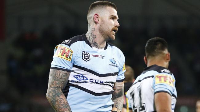 Josh Dugan reacts after sustaining a hamstring injury during Cronulla’s clash with Melbourne. Picture: AAP