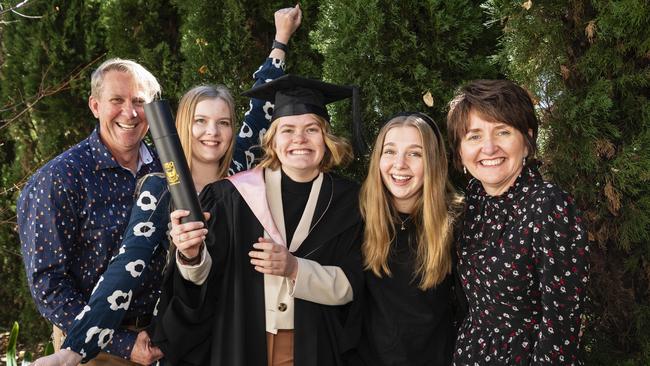 Bachelor of Education graduate Sophie Follett with family Ian, Emily, Zoe and Deb Follett at the UniSQ graduation ceremony at Empire Theatres, Tuesday, June 27, 2023. Picture: Kevin Farmer