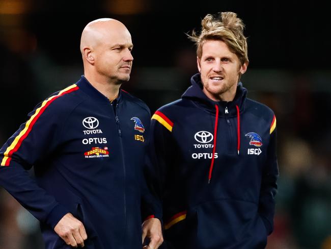 ADELAIDE, AUSTRALIA - JULY 20: (L-R)  Adelaide Crows Senior Coach Matthew Nicks and Rory Sloane of the Crows look on during the round 7 AFL match between the Adelaide Crows and the St Kilda Saints at Adelaide Oval on July 20, 2020 in Adelaide, Australia. (Photo by Daniel Kalisz/Getty Images)