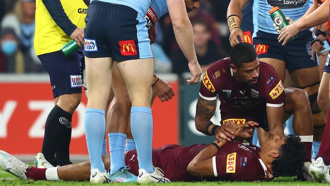 Selwyn Cobbo’s night ended early after a head knock. Picture: Chris Hyde/Getty Images