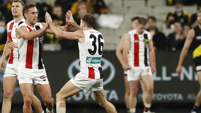 Dunstan has played a significant role in St Kilda’s late revival, here celebrating a goal against reigning premiers Richmond.